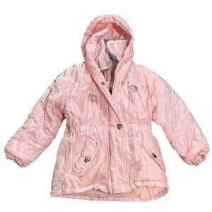 VTG FWF Fischer Girls Pink Winterwear Coat Puffer Jacket Hooded Faux Fur Collar
